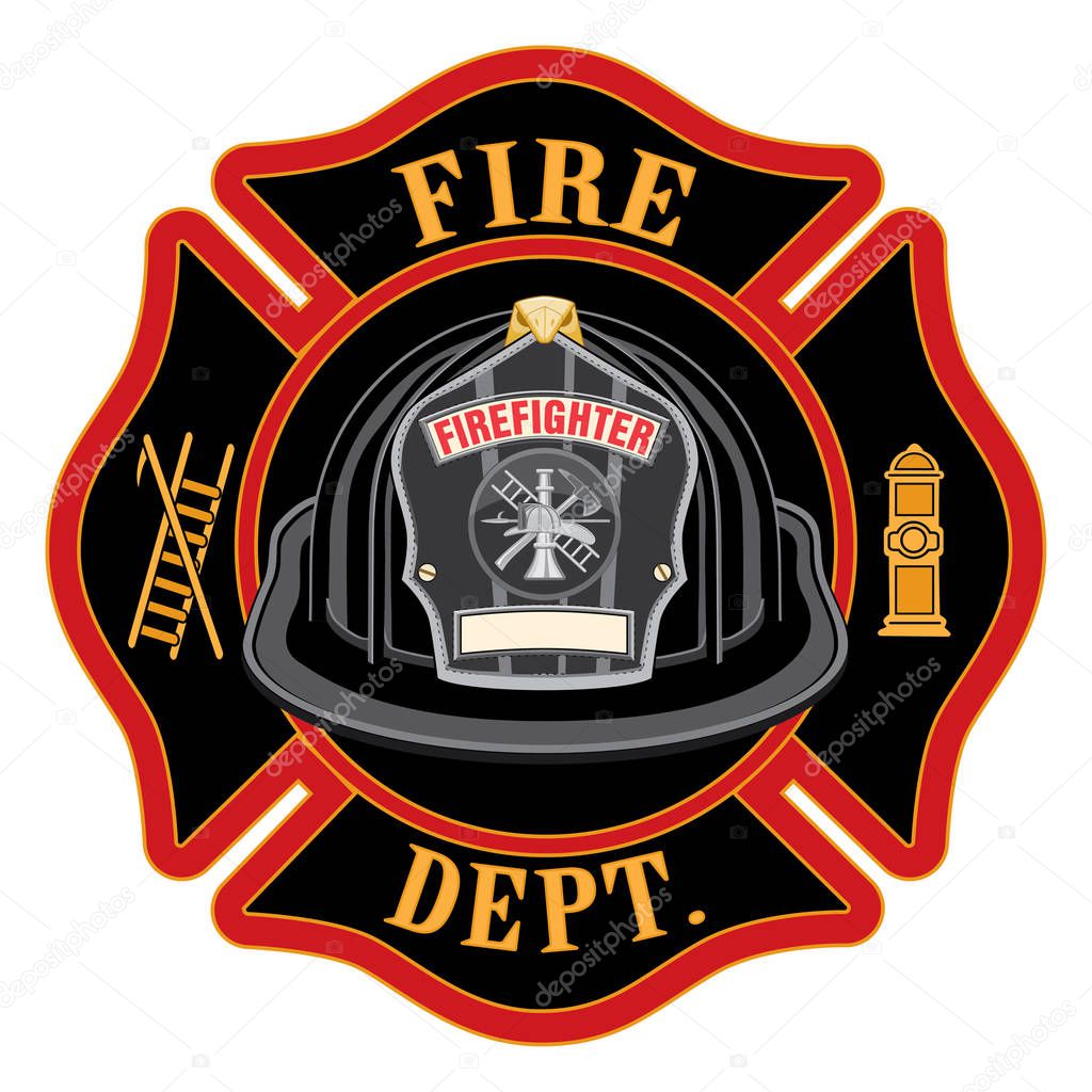 Fire Department Cross Black Helmet is an illustration of a fireman or firefighter Maltese cross emblem with a black firefighter helmet and badge containing an empty space for your text in the foreground. Great for t-shirts, flyers, and web sites.