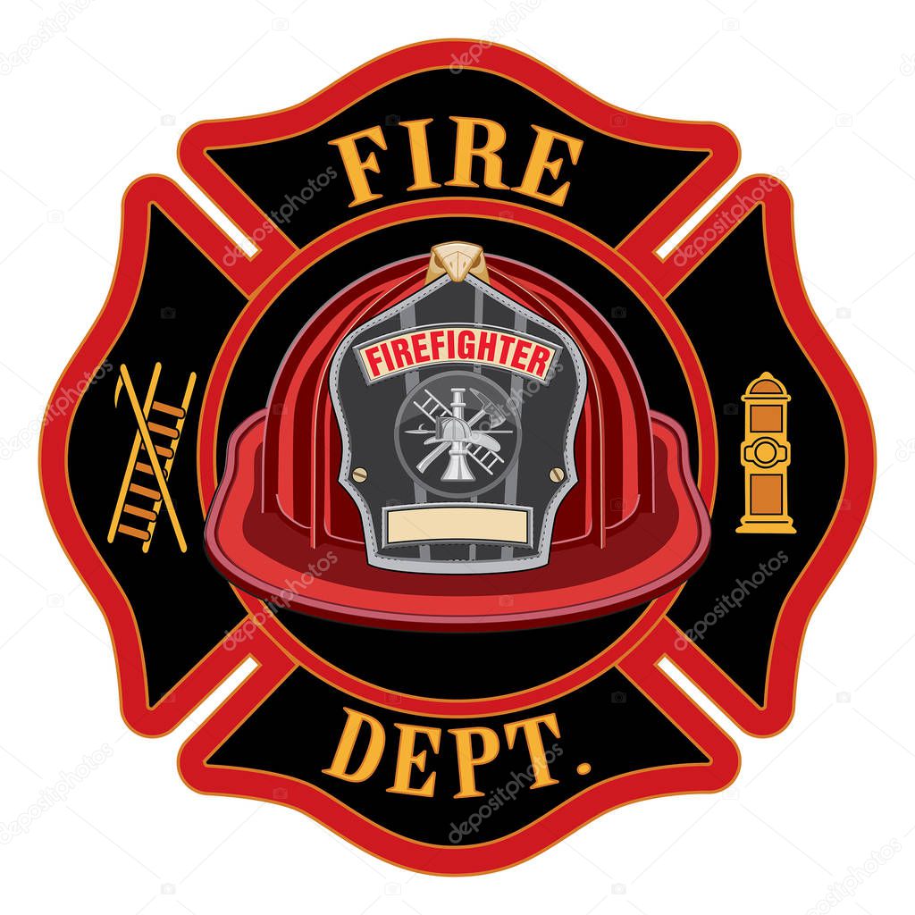Fire Department Cross Red Helmet is an illustration of a fireman or firefighter Maltese cross emblem with a red firefighter helmet and badge containing an empty space for your text in the foreground. Great for t-shirts, flyers, and web sites.