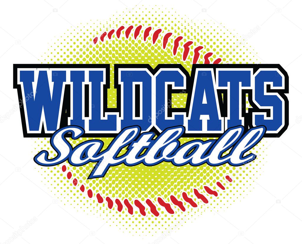 Wildcats Softball Design is a wildcats mascot design template that includes team text and a stylized softball graphic in the background. Great for team or school t-shirts, promotions and advertising.