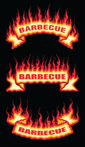 Barbecue Fire Flame Scroll Banners Illustration Tre Flammande Banderoller Med — Stock vektor