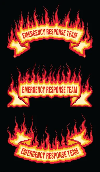 应急反应小组的火焰卷轴横幅是三个燃烧的横幅与应急反应小组文字的例证 上拱门 包括直的和底部的拱形横幅 消防员 消防员和急救人员的良好形象 — 图库矢量图片