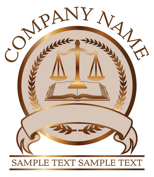 Закон или печать юриста - Gold With Scales of Justice and Law Book - это иллюстрация печати юриста или юридического бюро или дизайна эмблемы, которая включает графические изображения герба, баннера, весы правосудия и книги законов с помещением для собственного текста..