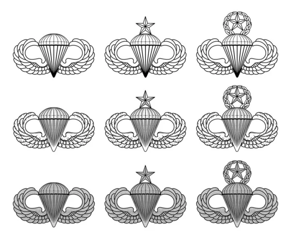伞兵徽章 跳跃翼 矢量是一个例子 包括基础 高级和主伞兵徽章三种风格 它们也被称为跳跃翼或银翼 — 图库矢量图片