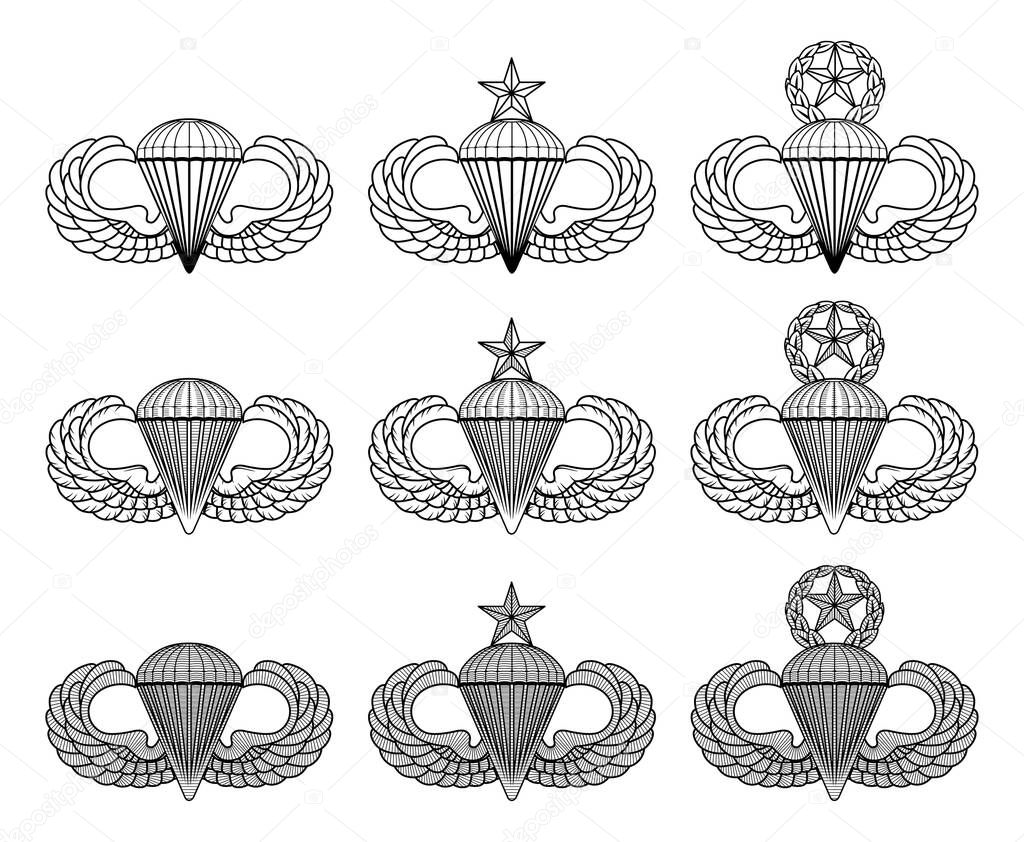 Parachutist Badge - Jump Wings - Vector is an illustration that includes the basic, senior and master parachutist insignia in three styles. These are also known as Jump wings or Silver Wings.