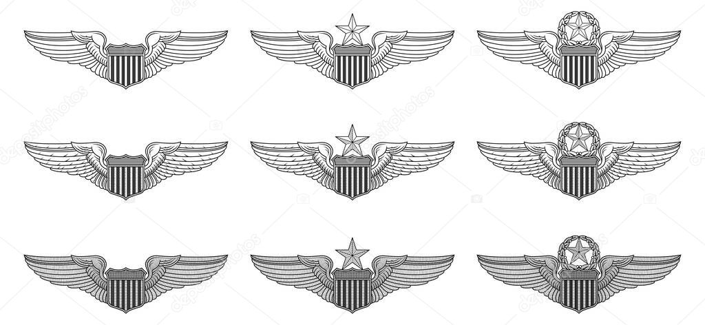 U.S. Air Force Pilot Wings- Vector Pilot Badge Insignia is an illustration that includes the basic, senior and master Air Force pilot wings insignia in three styles from simple to complex.