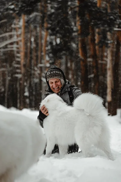 Люди Играют Смешной Собакой Зимнем Лесу — стоковое фото