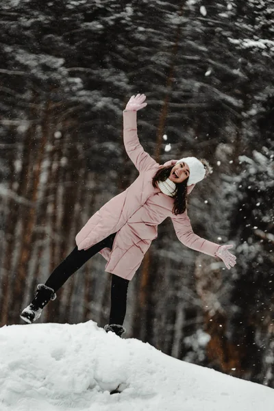 Beautiful Girl Plays Falling Snow Winter Forest Ukraine January 2019 — Zdjęcie stockowe