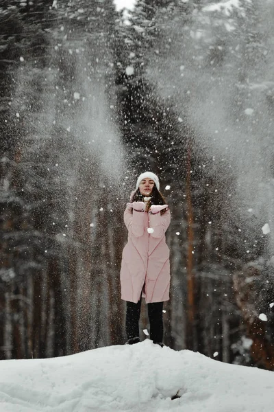 Beautiful Girl Plays Falling Snow Winter Forest Ukraine January 2019 — Zdjęcie stockowe