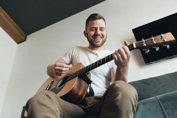 Guy Playing Classic Guitar Handsome Man Relaxing Musical Instrument Apartment — Stock Photo, Image