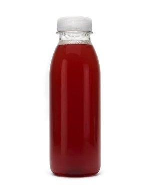 Kırmızı sıvı izole üzerinde beyaz bir arka plan ile dolu küçük plastik şişe