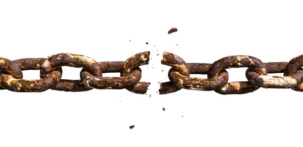 Weakest link concept photomontage. Old and rusty chain is breaking