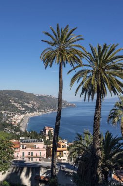 Sahil, Sicilya Taormina kuzeyinde iki palmiye ağaçların arkasında