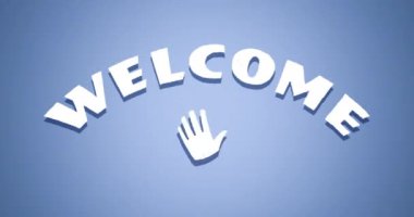 Hoş geldin animasyonu. Aşağıda el sallama var. Mavi üzerine beyaz, kumlu arkaplan