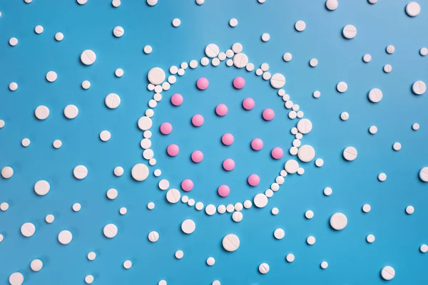 Gyógyszeripar Gyógyszer Tabletta Tablettát Kék Háttér Hely Szöveg Másolása — Stock Fotó