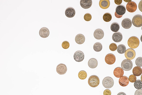 Coins money on a white background. Copy space for text