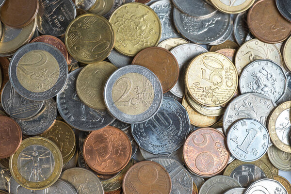 Background of  coins money. Two euros. Copy space for text