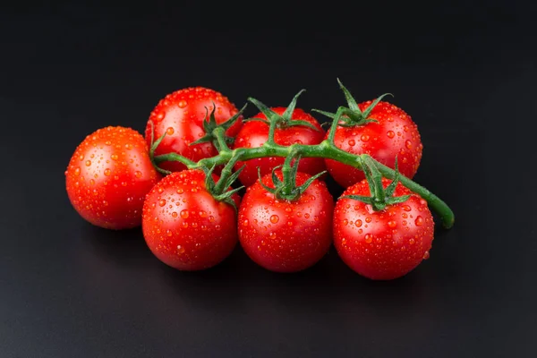 Красивые красные помидоры с капельками на черном фоне . — стоковое фото