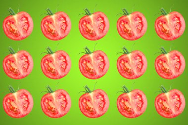 Yeşil arkaplan dilimlenmiş kırmızı domateslerin sebze deseni.