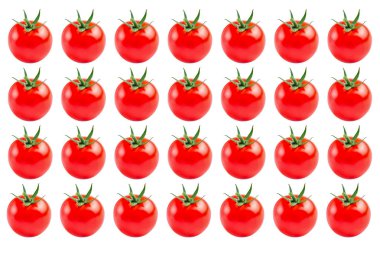 Beyaz arka planda kırmızı domateslerin sebze deseni. İzole edilmiş 