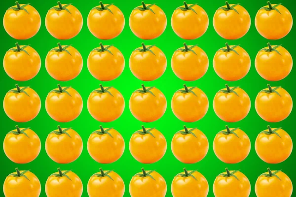 녹색 배경에 있는 노란색 토마토의 야채 무늬. — 스톡 사진
