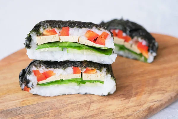 Onigirazu Vegan Sushi Sandwich Vegetables Cucumber Pepper Spinach Tofu Trend — Stock Photo, Image