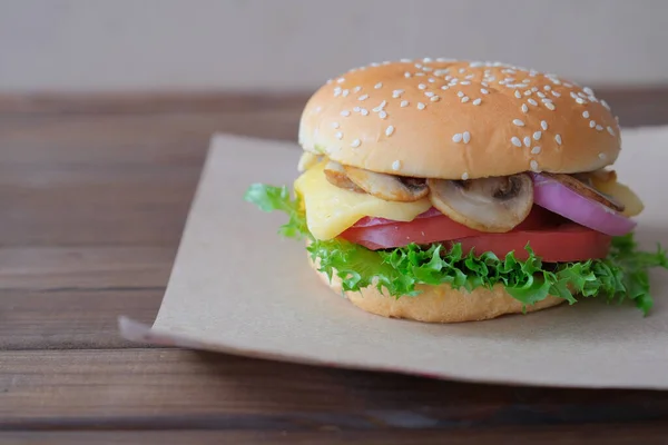 Burger Mushrooms Tomatoes Lettuce Onion Cheese Dark Wooden Background Horizontal — Stock Photo, Image