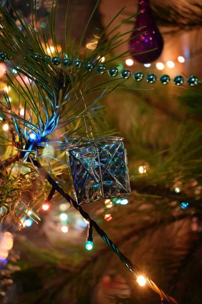 Canlı bir Noel ağacı yapay oyuncaklar ile dekore edilmiştir. Mutlu Noeller