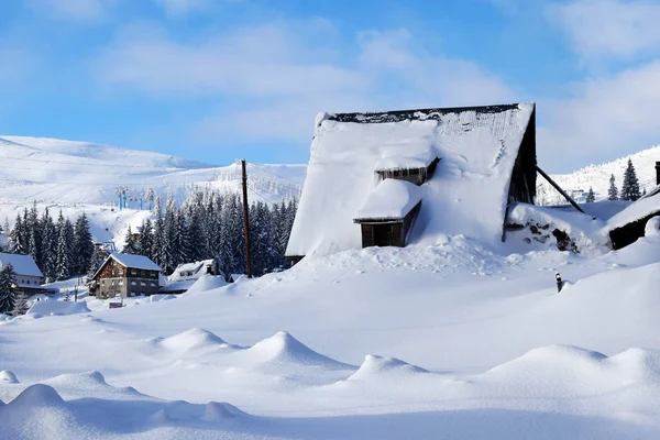 Mountain vacation homes covered with snow, winter wonderland. Ski resort.Winter forest in the Carpathians