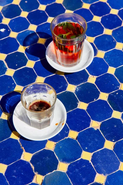 A typical Moroccan mint tea in a small outdoor cafe