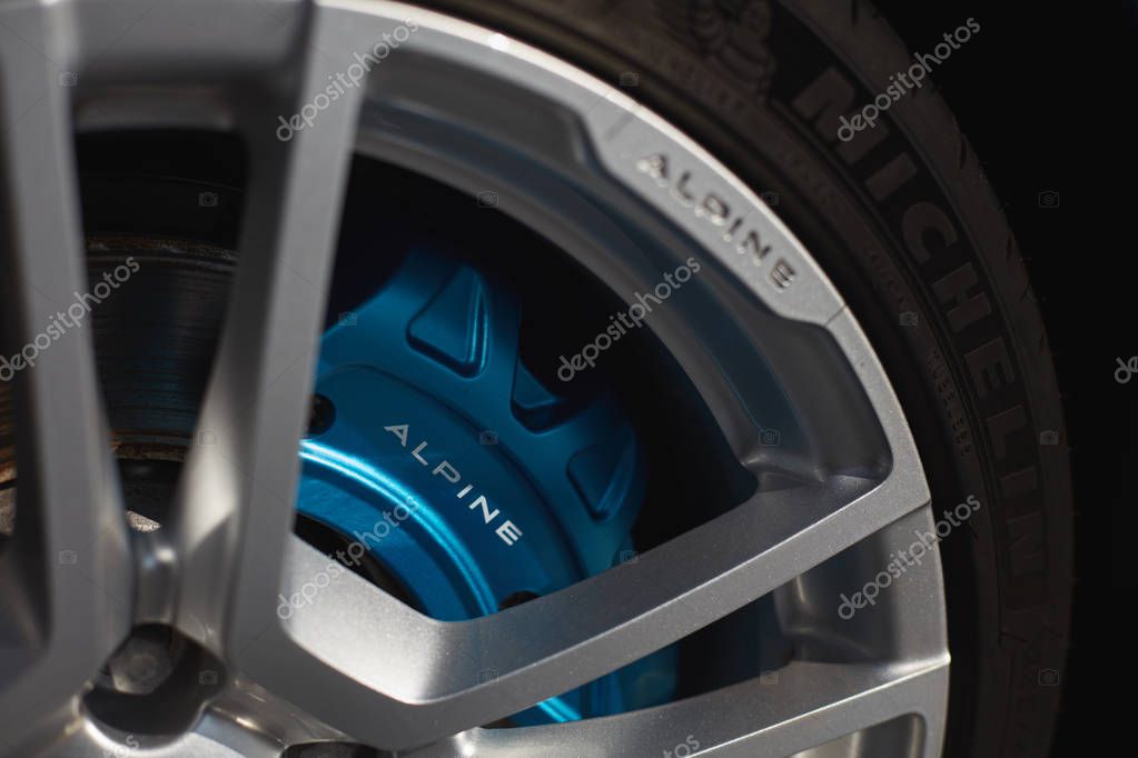 Katowice, Poland-03.23.2019: Alpine A110 aluminum wheel with MIchelin tire