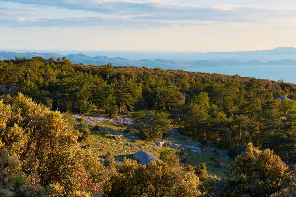 Island with Mediterranean vegetation at sunset. Another island c — Stock Photo, Image