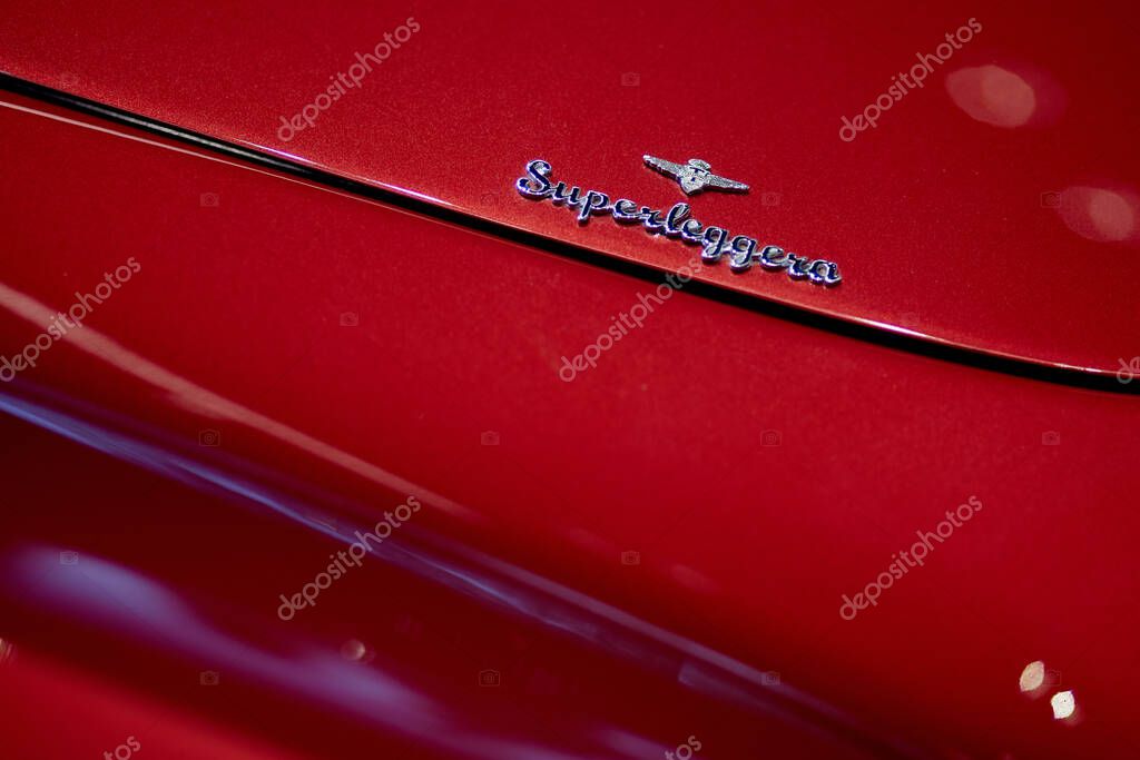 Katowice/Poland - 06.08.2019: Detail of the Carrozzeria Touring Superlegger body manufacturer's trademark, on a red Maserati 3500 GT produced between 1957 and 1964, shallow depth of field.