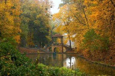 Sonbahar Park. Gölet üzerinde köprü. Sarı ve yeşil yeşillik.