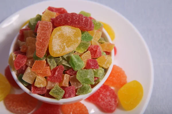 Platos Con Dulces Mermelada Fruta Confitada Platos Blancos Rebanadas Mermelada — Foto de Stock