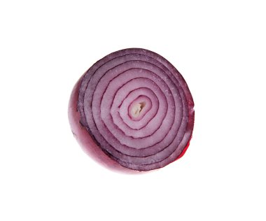 Beyaz izole kırmızı soğan. Yarım kesilmiş. Kırpma yolu. Kırpma yolu.