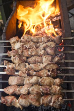 Izgara domuz eti şiş. Et Mangal ateşte kızartılıyor. Kömür et pişirme.