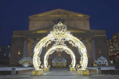 Moskova Bolshoy tiyatroda yanındaki Noel aydınlatma.