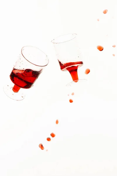 Flying Two Glasses Red Wine Splashes White Background — Stock Photo, Image