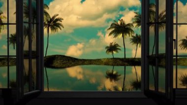 Otelin penceresinden güzel deniz manzarası, palmiye ağaçları