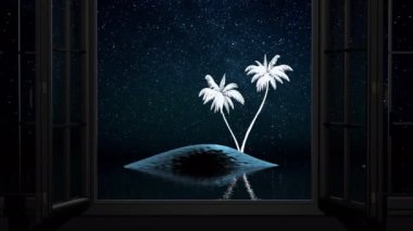 Fütüristik animasyon. Adadaki palmiye ağaçları. pencereden görüntüleme