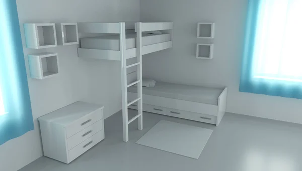 Візуалізація Дитячої Спальні Двох Дітей Компактна Постільна Білизна Інтер Єрі Ліцензійні Стокові Зображення