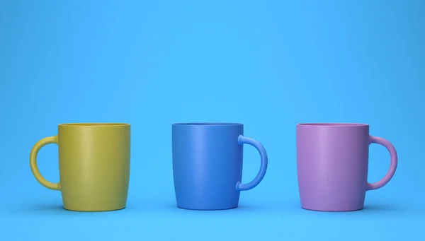 Візуалізація Різних Кольорових Чашок Синьому Фоні Стокове Зображення