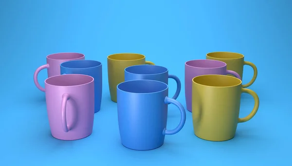 Render Different Color Cups Blue Background Stock Image