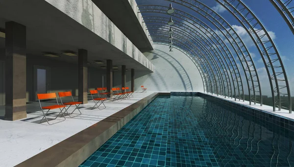 Rendering Interior Swimming Pool Modern Design Hall Tech Concept — Stock Photo, Image