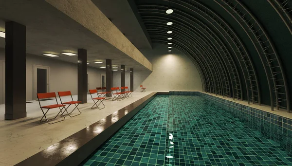 3D渲染室内游泳池 现代设计大厅高科技概念 免版税图库图片