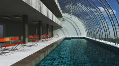 Üç boyutlu yüzme havuzu. Modern tasarım salonu yüksek teknoloji konsepti.