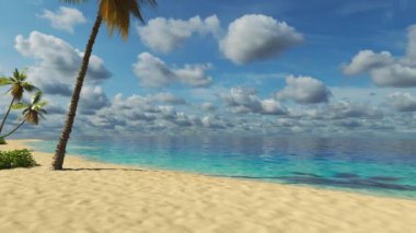 Deniz kenarında tropik bir hafta sonu. Güneşli bir gün ve okyanus kenarındaki palmiyeler.
