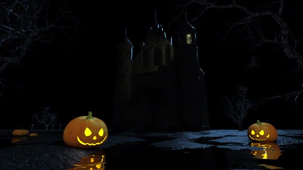 Atmosférické Halloween Pozadí Dýněmi Kostel Hřbitov Kříži — Stock video