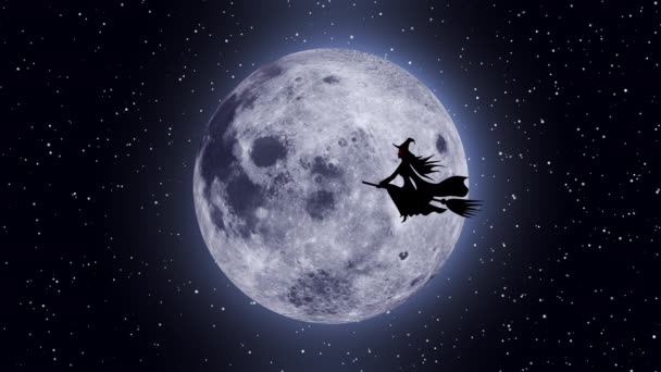 万圣节假期 扫帚上的女巫在月亮的衬托下飞翔 — 图库视频影像