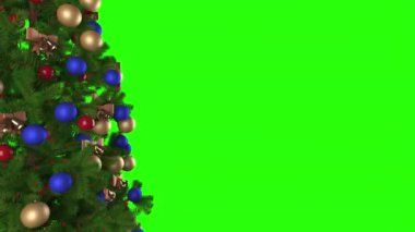 Oyuncak dolu Noel ağacı yeşil ekranda döner. Mary Christmas ve mutlu yıllar arkaplan animasyonu.